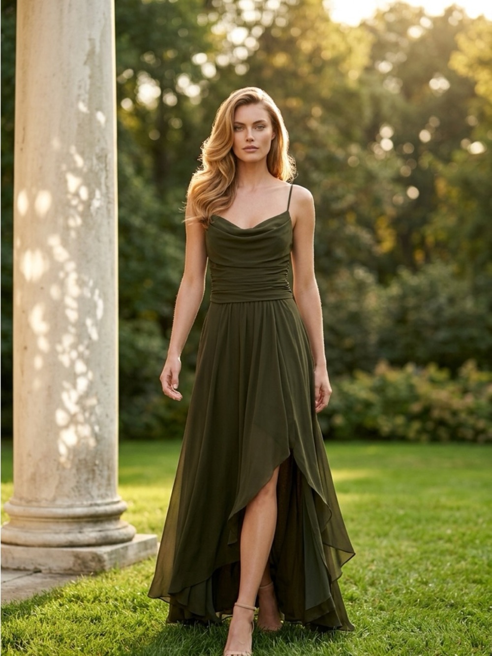 RIHOAS Olive Green Cowl Neck Spaghetti Strap Prom Dress